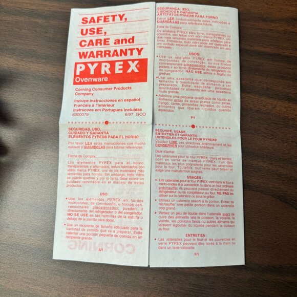 Pyrex Safey Use Care and Warranty Sheet - Picture 2 of 2